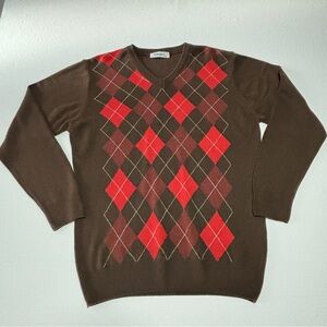 Carino Brown and Red V-Neck Argyle Sweater - Cashmere Microacrylic